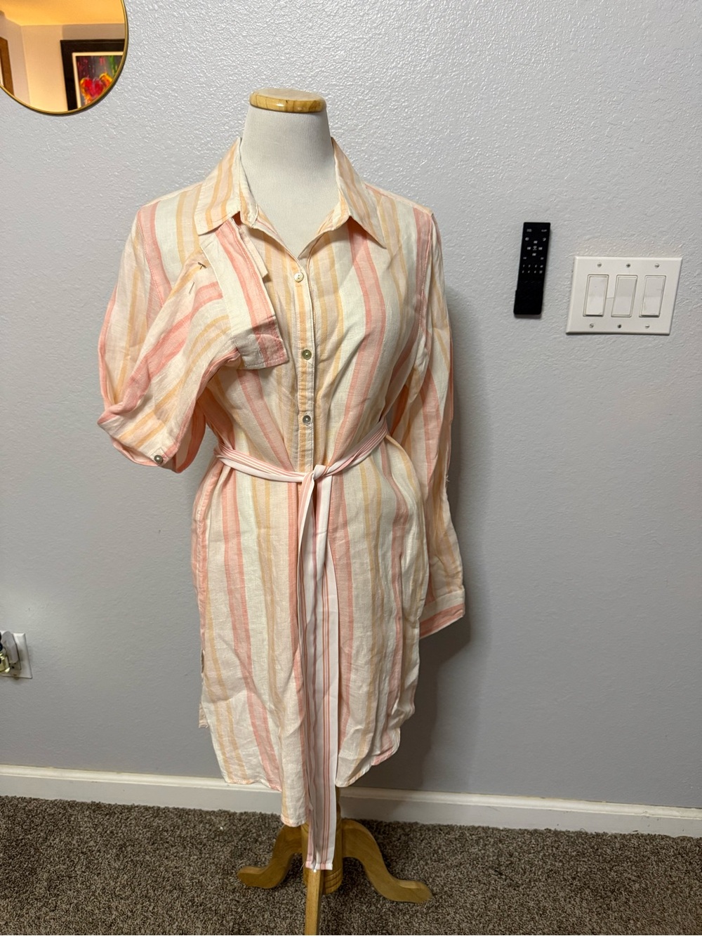 Striped Button-Front Tunic Dress with Waist Tie - Pink & Cream